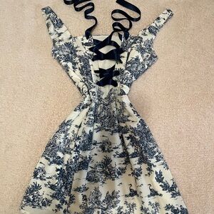 Lilyful Blue & Cream Toile Print Mini Dress – Open Back Lace-Up